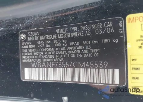 2007 BMW 530I z USA, uszkodzony, nr VIN WBANE73557CM45539